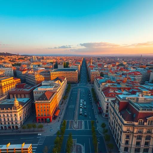 Drone grabando video aéreo de un paisaje urbano en Madrid