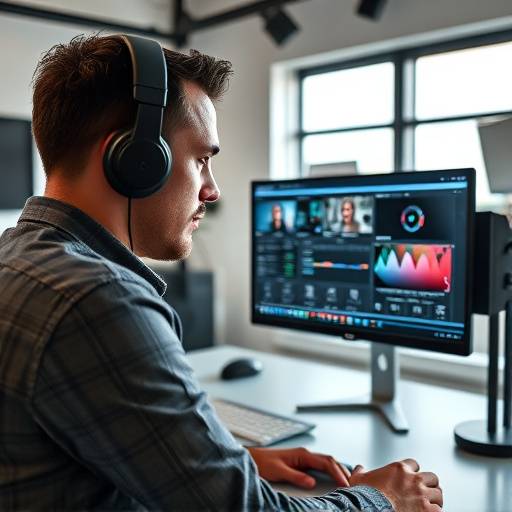 Edición de video profesional con software especializado y monitor de alta resolución