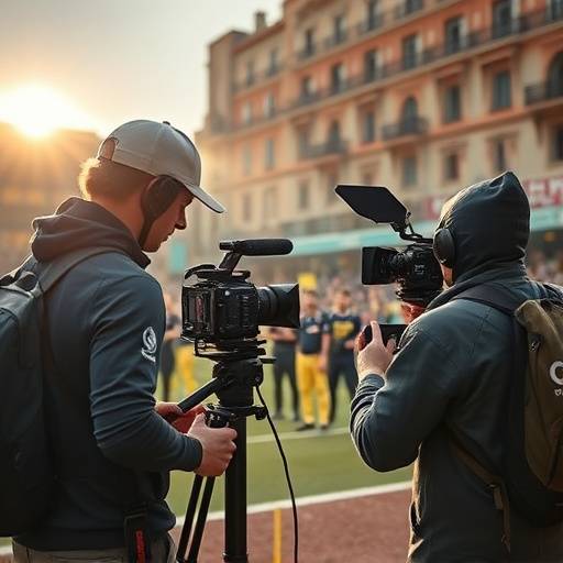 Equipo de grabación cubriendo un evento deportivo en Madrid